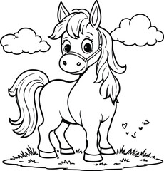 Black-and-White Vector Illustration of Cartoon Horse in Pasture – Single-Scene Equine Character Study