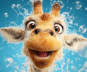 Cheerful cartoon giraffe splashes playfully in water against a vibrant blue background. Bubbles and droplets enhance the fun, joyful, and animated vibe of this lively, whimsical character.