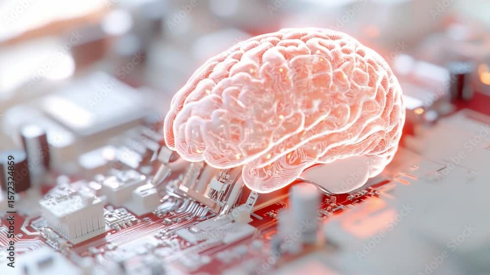 Poster mind-machine fusion: a luminescent brain rests upon a circuit board, symbolizing the intersection of