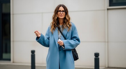 A stylish woman with glasses in a blue coat.