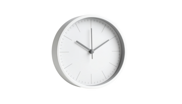 White minimalist wall clock design isolated on transparent background