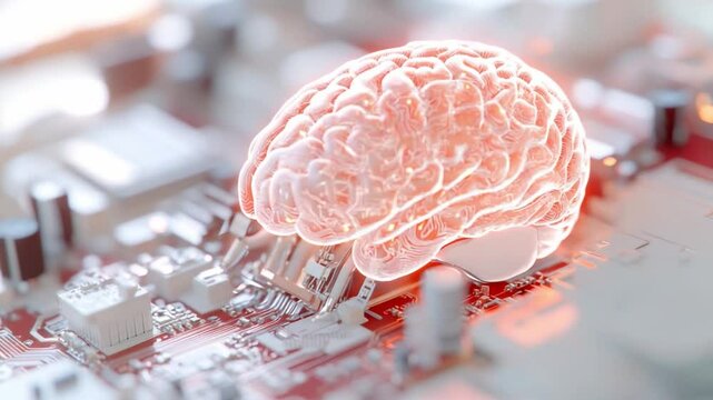 Mind-Machine Fusion: A luminescent brain rests upon a circuit board, symbolizing the intersection of human intellect and technological advancement. A perfect visual for science and innovation.