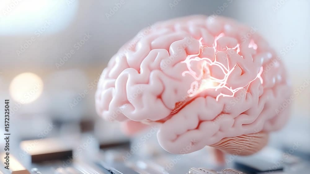 Poster brain in the spotlight: a conceptual representation of a human brain, artfully illuminated to highli