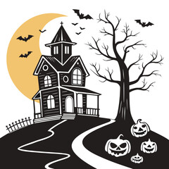 Spooky Halloween Night Scene Featuring a Haunted House Pumpkins Bats and a Large Crescent Moon