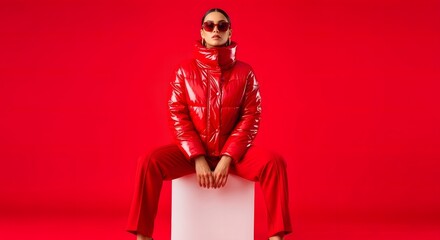 a girl wearing red jacket and sunglasses sitting on a white cube.