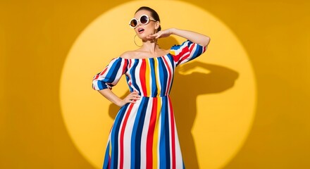 Woman in colorful striped dress, summer fashion.