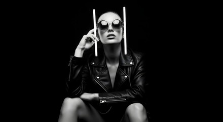 a woman with sunglasses, wearing a leather jacket, holding two neon lights with a black background.