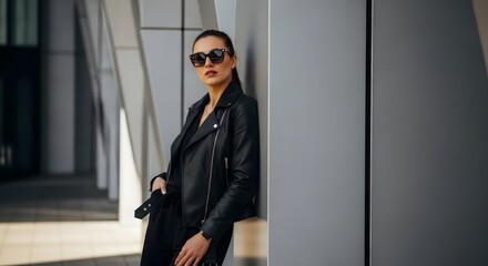 a stylish woman wearing sunglasses and a leather jacket leaning against the wall.