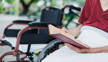 cropped shot, grandmother sitting in the garden relax and reading book with wheelchair nearby