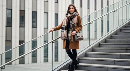 Woman in stylish autumn coat standing on stairs.