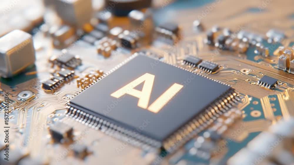 Poster ai microchip: close-up view of a sophisticated ai microchip on a circuit board, showcasing intricate