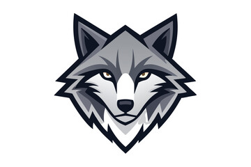 A gray wolf head with pointed ears gazes forward confidently on a white backdrop