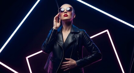 a woman wearing sunglasses in a leather jacket.