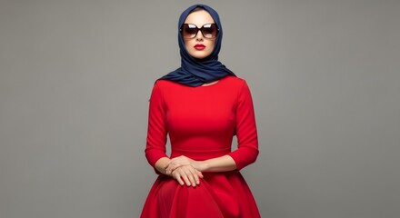 A woman wearing a hijab and sunglasses, striking a pose.