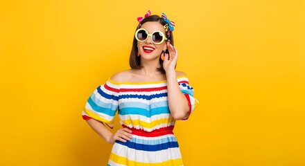 happy woman in colorful summer dress and sunglasses.
