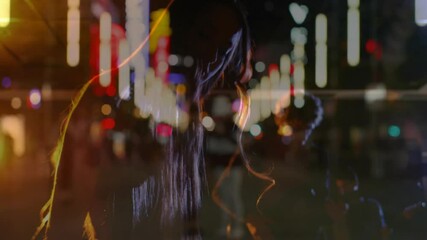 Music scene showing keyboardist playing on neon street drawing listener while merging city backdrop - Powered by Adobe