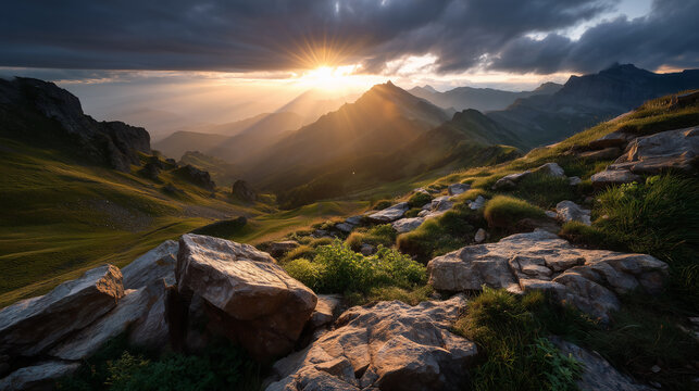 Dramatic mountain landscape with sun rays piercing through dark clouds at sunrise