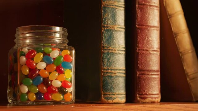 jelly bean videos - A close-up view of a glass jar filled with colorful jelly beans, placed beside vintage books on a wooden shelf, creating a cozy, nostalgic atmosphere