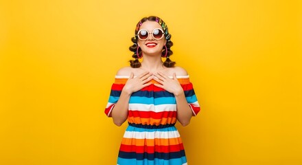 Smiling woman wearing colorful dress, sunglasses and headband against yellow background.