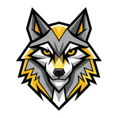 Focused wolf head presents geometric gray and yellow patterns against a white background