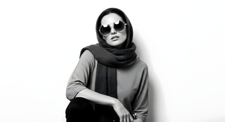 Stylish woman with sunglasses, scarf and black and white color.