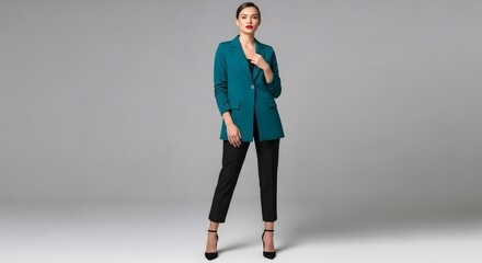 a fashionable woman in a teal jacket and black pants.
