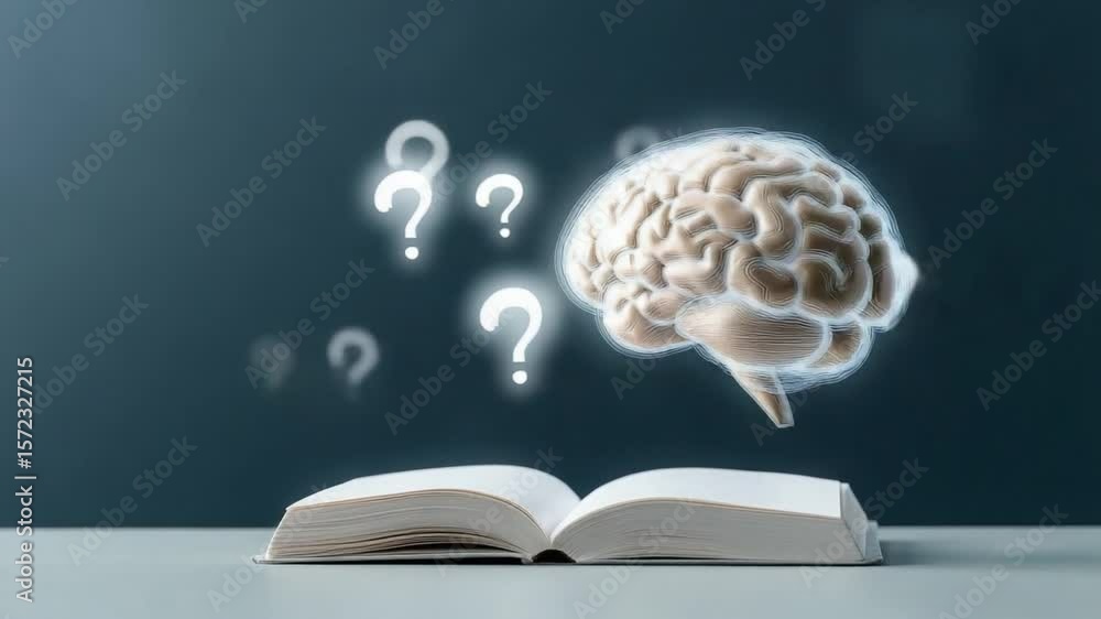 Poster unlocking the mind: a conceptual image of an open book with a glowing brain and question marks, symb