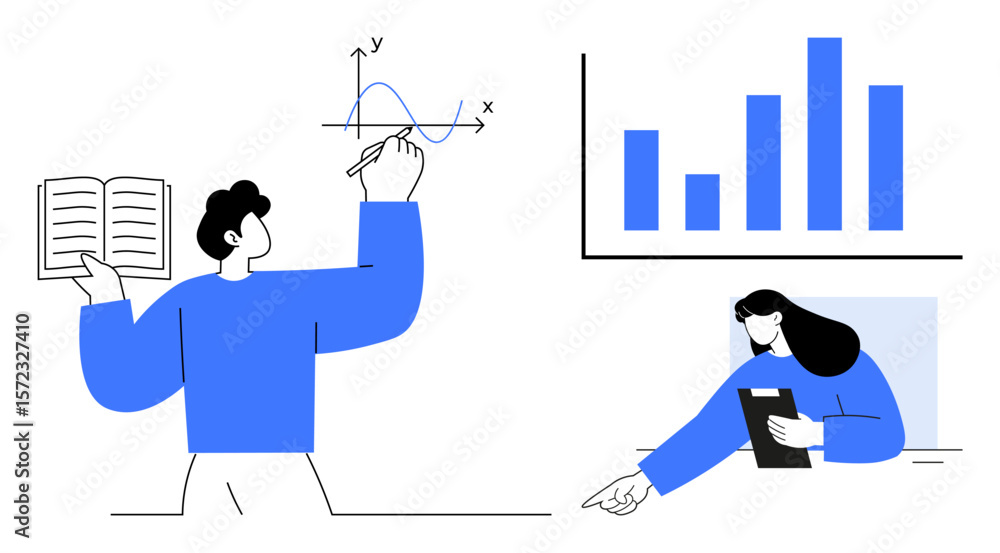 Poster man explaining graph with open book, woman using tablet with bar chart. ideal for education, teamwor