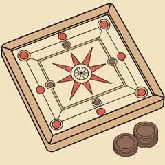 Carrom Board Game: A classic carrom board game with red and brown pieces, ready for a match.  The detailed illustration shows the board's layout and the pieces.