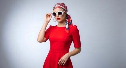 a woman wearing a red dress and sunglasses.