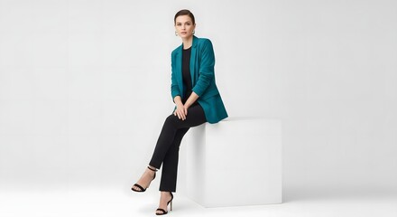 Woman in teal blazer sitting on cube.