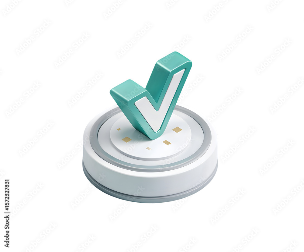 Fototapete rendered check mark in turquoise on a sleek white surface against a transparent background, symboliz
