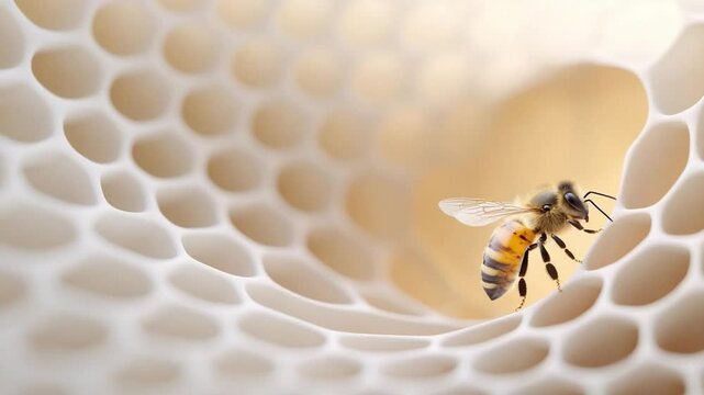 Bee in Honeycomb: Captivating macro shot captures the intricate detail of a honeybee amidst the structured cells of a honeycomb, illuminating the beauty of nature's design.