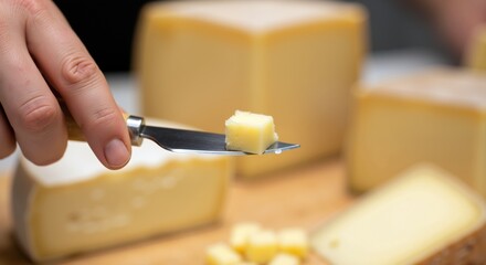 Hand holding cheese knife yellow piece dairy product. Person tasting artisan food gourmet delicatessen. Culinary sampling concept