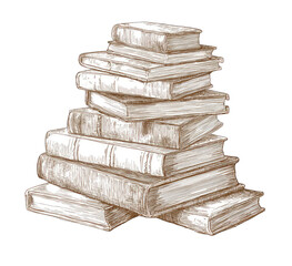 A sepia-toned sketch of a haphazard stack of various sized books, suggesting a collection of aged volumes