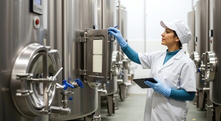 Female scientist operating equipment dairy processing facility white coat. Laboratory technician controlling production industrial machinery. Food technology concept