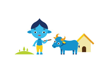 Naklejka premium Baby Krishna with cow and flute near hut pastoral divine vector art illustration