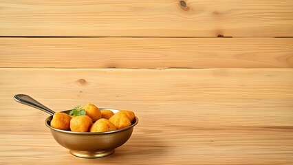 Golden potato balls in a bowl on a wooden table with a spoon