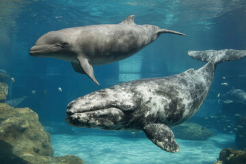 Fototapeta premium serene underwater scene featuring majestic whales and playful dolphins swimming gracefully