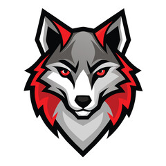 A stylized gray wolf head exhibits red accents, creating an intense animal mascot look