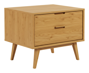 温かい木目調、シンプルデザインのナイトテーブル。すっきり配置された引き出しが魅力的。