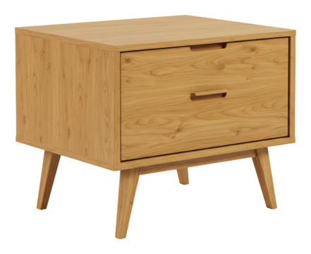 温かい木目調、シンプルデザインのナイトテーブル。すっきり配置された引き出しが魅力的。