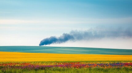 Peaceful Horizon Over Abandoned Trenches Amidst Colorful Fields and Smoke