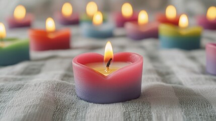 Serene Setting with Lit Rainbow Colored Candles on Soft Fabric Background
