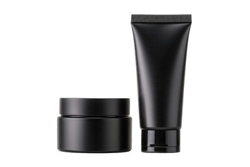 Two matte black cosmetic containers, a jar and a tube, against a black background