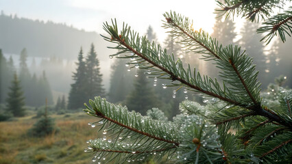 Morning Mist Over The Forest: A serene forest scene, capturing the quiet beauty of nature as sunlight streams through the misty air, highlighting droplets of dew on a branch. 