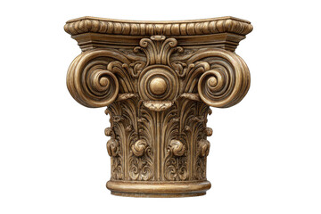 Intricate golden-brown column capital, ornate scrollwork, acanthus leaves, and central rosette detail