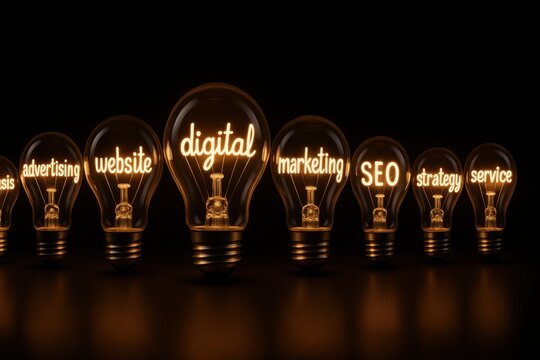 Illuminating Digital Strategies: A radiant array of light bulbs spells out key digital marketing elements, symbolizing innovation, bright ideas, and a pathway to online success. 