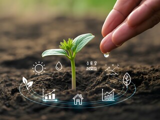 Young plant growing in soil with digital icons representing growth and care seedling water
