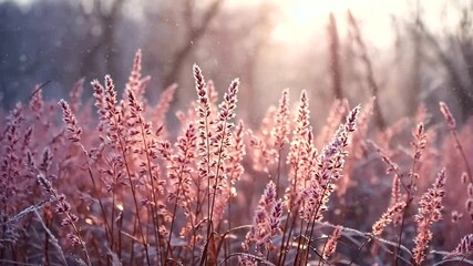 Frost-covered wildflowers glowing in the sunrise, creating a serene winter landscape - Powered by Adobe